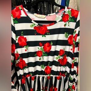 BLACK WHITE STRIPED ROSE DRESS